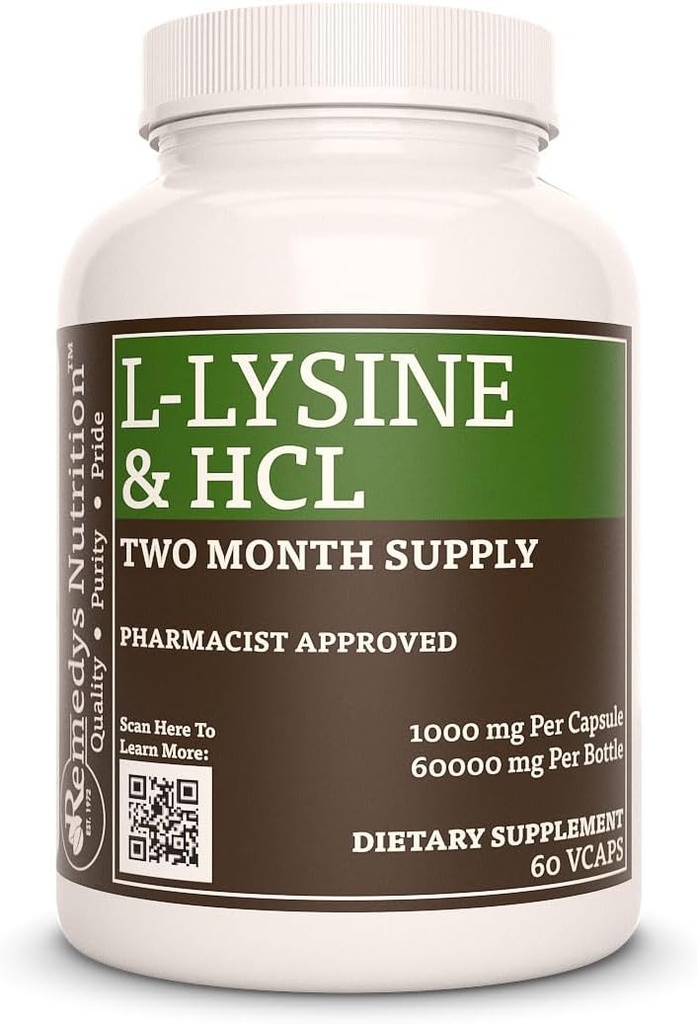 Remedy's Nutrition L-Lysine HCL | 1000 mg, 60 Vegan Kapsel Aminohappe toidulisand | Kahe kuu pakkumine