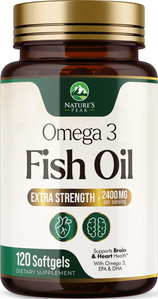Omega 3 kalaõli 2400 mg toidulisand, jätkusuutlikult hangitud, kolmekordne tugevus Omega-3 toidulisand softgels, aju tervise tugi, EPA & DHA kalaõli rasvhapete toidulisandid, Gluteeni ja GMO-vaba, 120 Softgels
