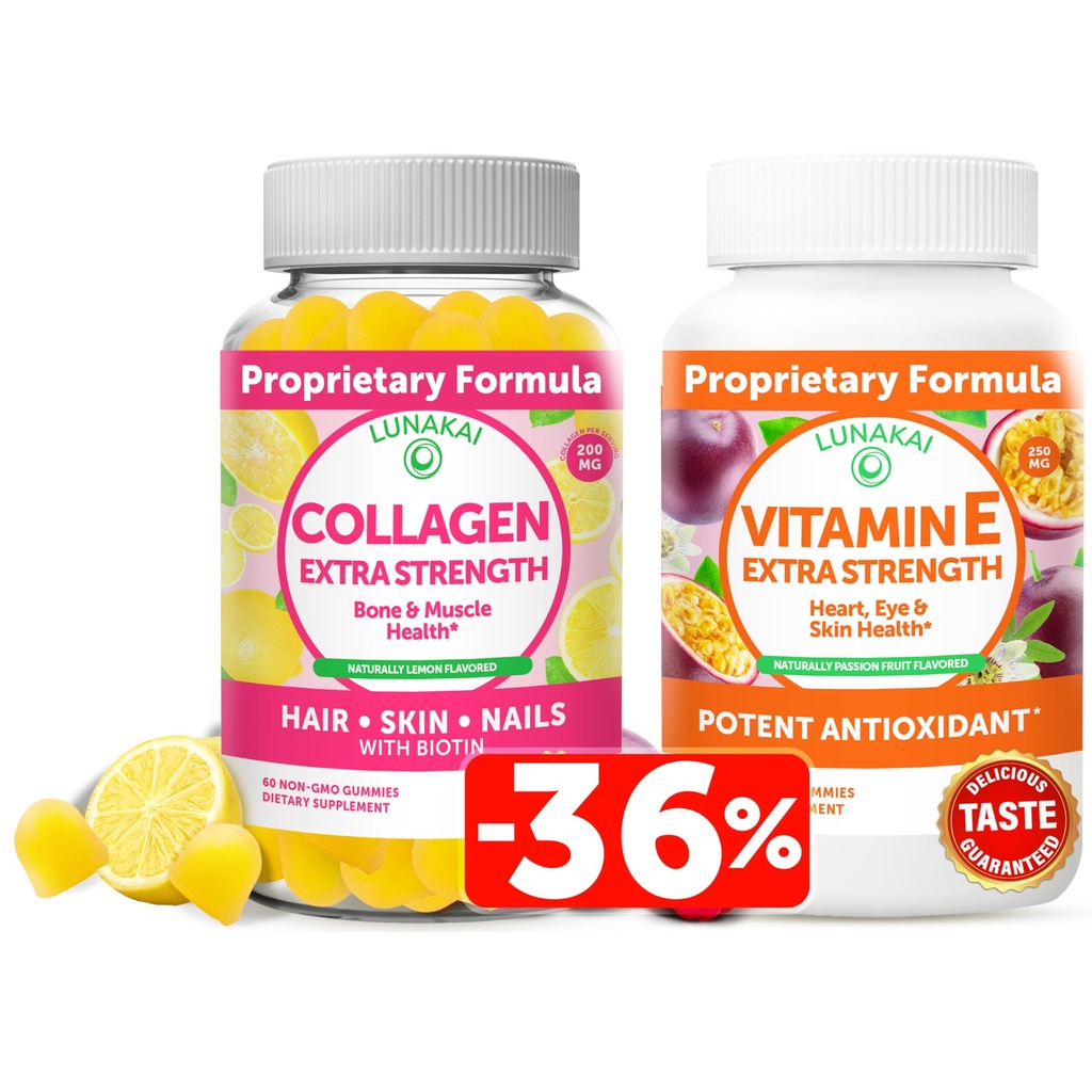 Lunakai kollageen ja vitamiin E Gummies Bundle - mitte-GMO vananemisvastased toidulisandid meestele ja naistele - looduslik kummi koos C-vitamiini ja 250 mg loodusliku VIT E