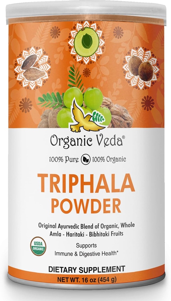 Orgaaniline Veda Triphala pulber Amla, Haritaki, Bibhitaki puuviljadega - 100% looduslik Ayurveda Triphala pulber - parandab immuunsust, seedimist, käärsoole puhastamist, naha tervist - vegan, mitte-GMO - 16oz