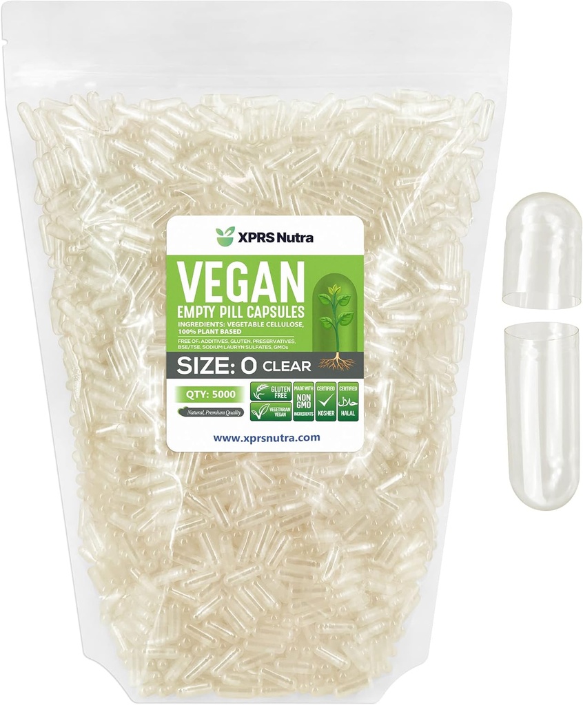 XPRS Nutra suurus 0 Tühjad kapslid - 5000 loe puhast tühja vegankapslit - taimetoitlased pillid - DIY köögiviljakapsli täitmine - Veggie pillid do-It-Yourself toidulisandite jaoks