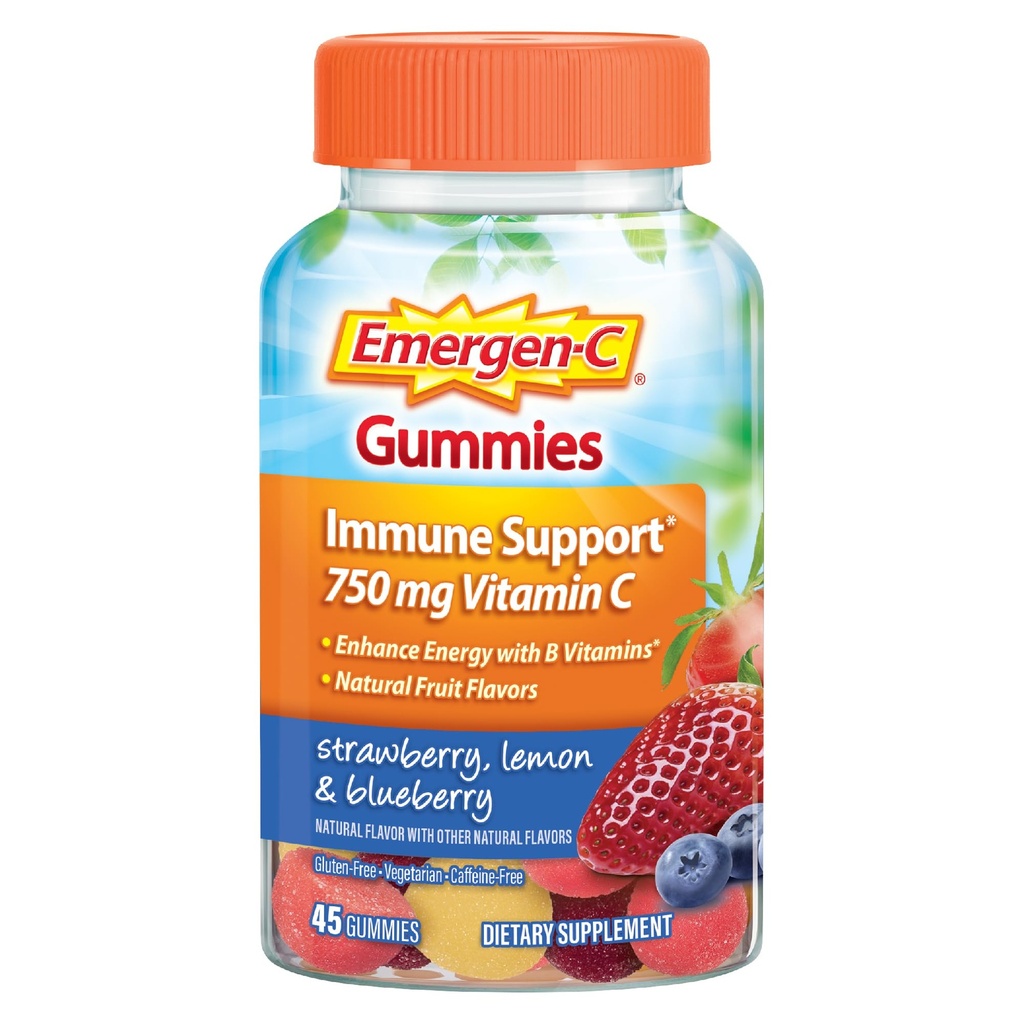 Emergen-C 750mg C-vitamiini kummid täiskasvanutele, immuunsüsteemi tugikummid, gluteenivaba, maasikas, sidrun ja mustikamaitsed - 45 krahv