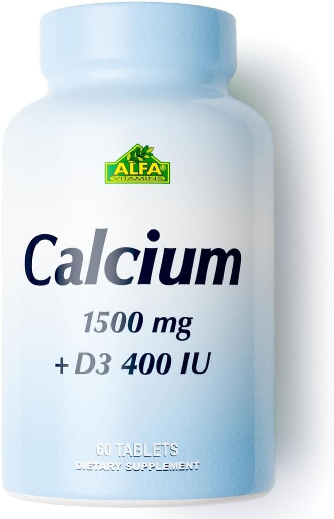 ALFA VITAMINS Calcium 1500mg ja Vitamiin D3 400 RÜ, toetab luu tervise ja immuunsüsteemi, olulised vitamiinid tugevate luude ja hammaste jaoks, kaltsiumtsitraadi toidulisand D3-vitamiiniga, 60 tabletti
