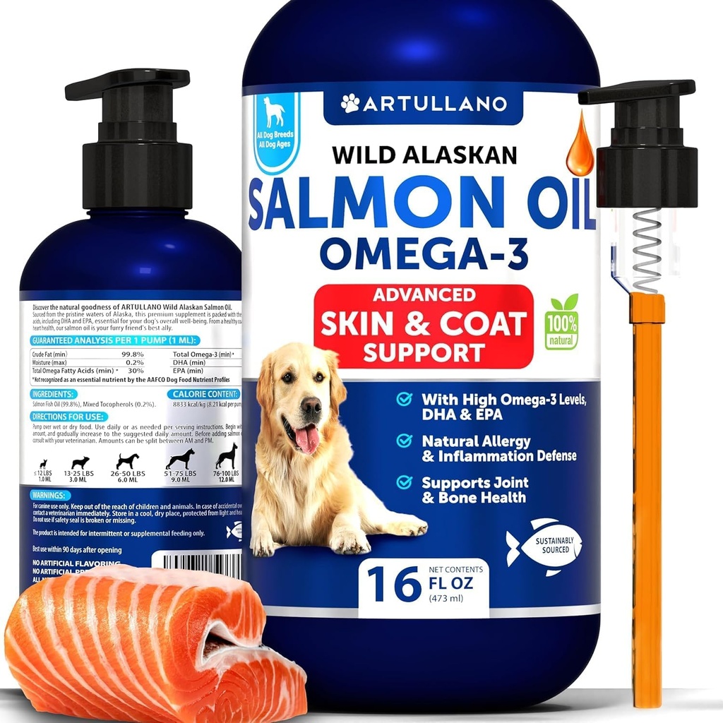 Lõheõli koertele - Omega 3 koertele - 16 FL OZ Wild Alaskan Salmon Fish Oil - Natural EPA & DHA rasvhapete naha ja kate, allergia, liigeste ja luude tervis - Vedelik toetuslisa kaduma