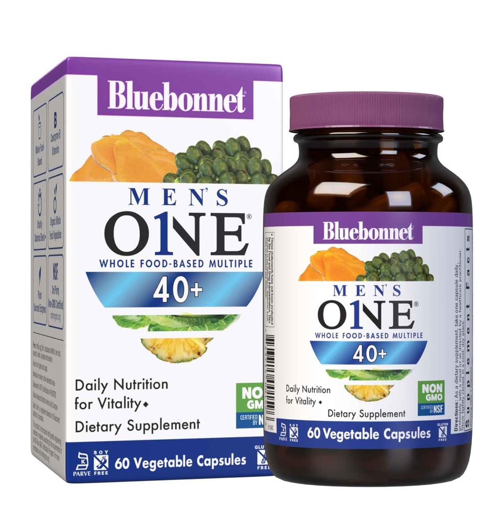 Bluebonnet Nutrition Mens' ONE 40+ kogu toidupõhine mitu, mehed multivitamiinid meestele 40+, sojavabad, GMO-vabad, Kosher, 60 köögiviljakapslit, 60 serveerimist