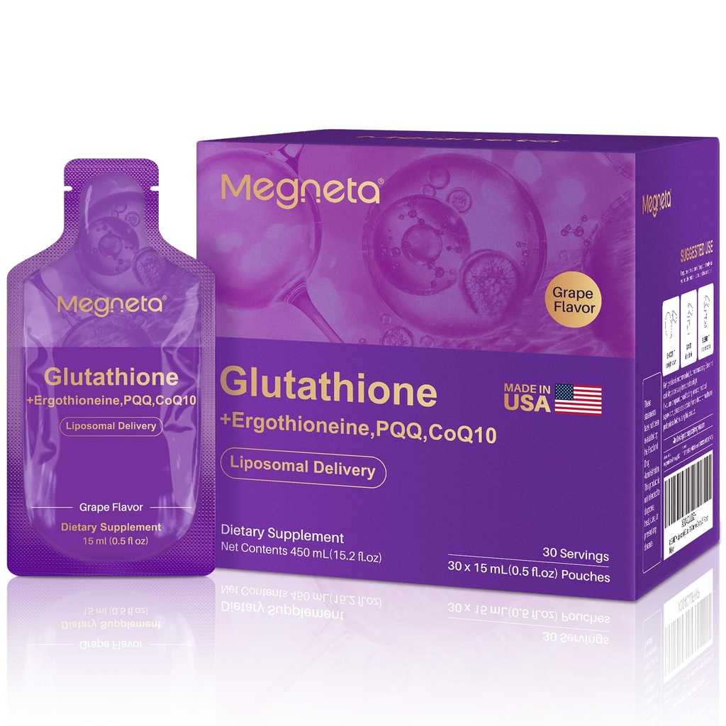 Liposomaalne glutatiooni lisand - 500 mg Glutatiooni koos PQQ, CoQ10 ja C-vitamiiniga - kõrge imendumisvastane antioksüdant immuunsuse ja energia toetamiseks - viinamarjamaitse, 30 kotti