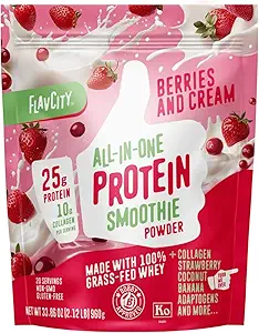 FlavCity Grass Fed Whey Valgupulber - Marjad ja kreem - 25 g valku ja 10 g kollageeni - valmistatud orgaanilistest maasikatest ja kookospiimast - Gluteenivabad ja lisamata suhkrud (20 serveerimist)