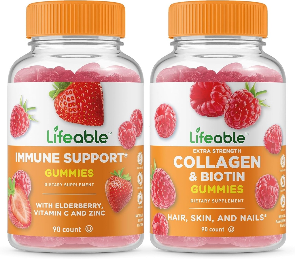Elujõuline immuuntoetus + kollageen ja biotiin, Gummies Bundle - suurepärane maitse, vitamiinilisand, gluteenivaba, GMO-vaba, närimiskumm