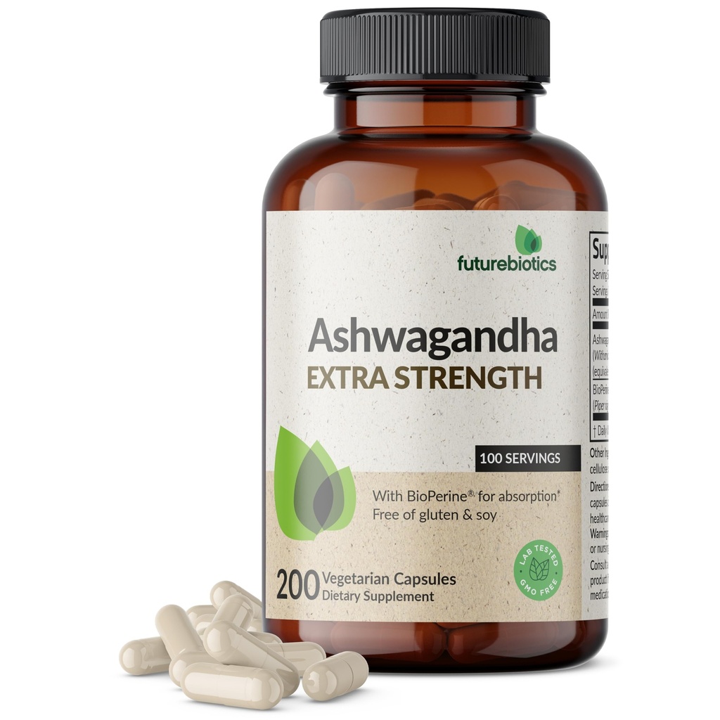 Futuuribiootikumid Ashwagandha Täiendav tugevus stress ja meeleolutoetus bioperiiniga - mitte GMO valem, 200 taimekapslit
