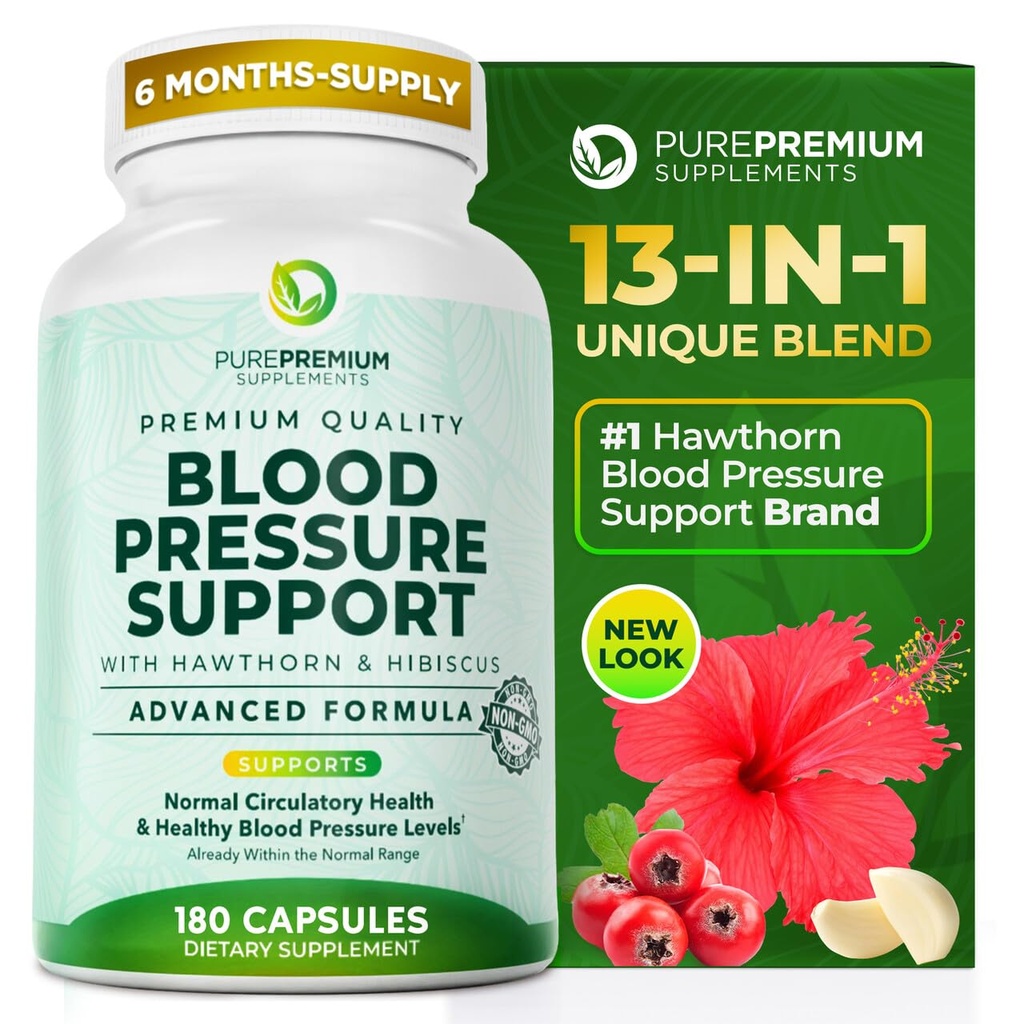 PurePremium Vererõhu täiendused Hawthorn Berry, Hibiscus, küüslauk ja vitamiin B12 - lämmastikoksiidi lisa normaalse südame tervise, vereringe tervise ja vererõhu toetamiseks - 180ct