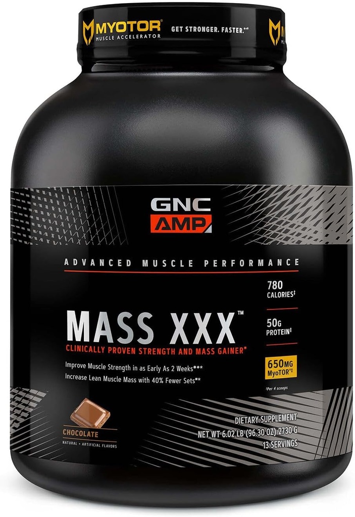 GNC AMP mass XXX, kliiniliselt tõestatud kaalulangetaja valgu pulber, parandab tugevust ja suurust, 780 kalorit, 50 g valku, mikroniseeritud aminohappeid, kreatiini, betaiini, šokolaadi, 13 serveerimist, 6 naela