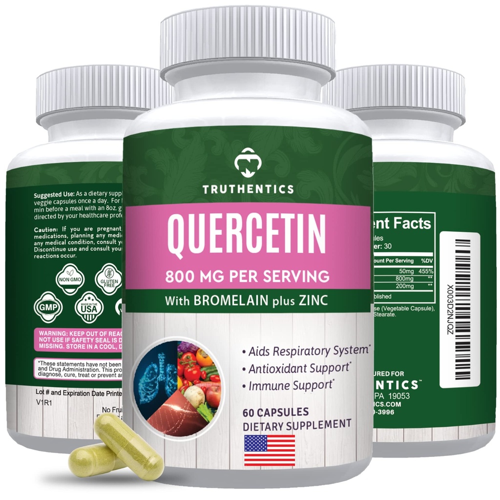 TRUTHENTIKAD Quercetin koos Bromelain ja tsink 1050mg - Premium Tsink Quercetin toidulisandeid immuunsüsteemi, hingamisteede ja hooajaline tugi - Mitte-GMO, Gluteenivaba - 60 Veggie kapslit