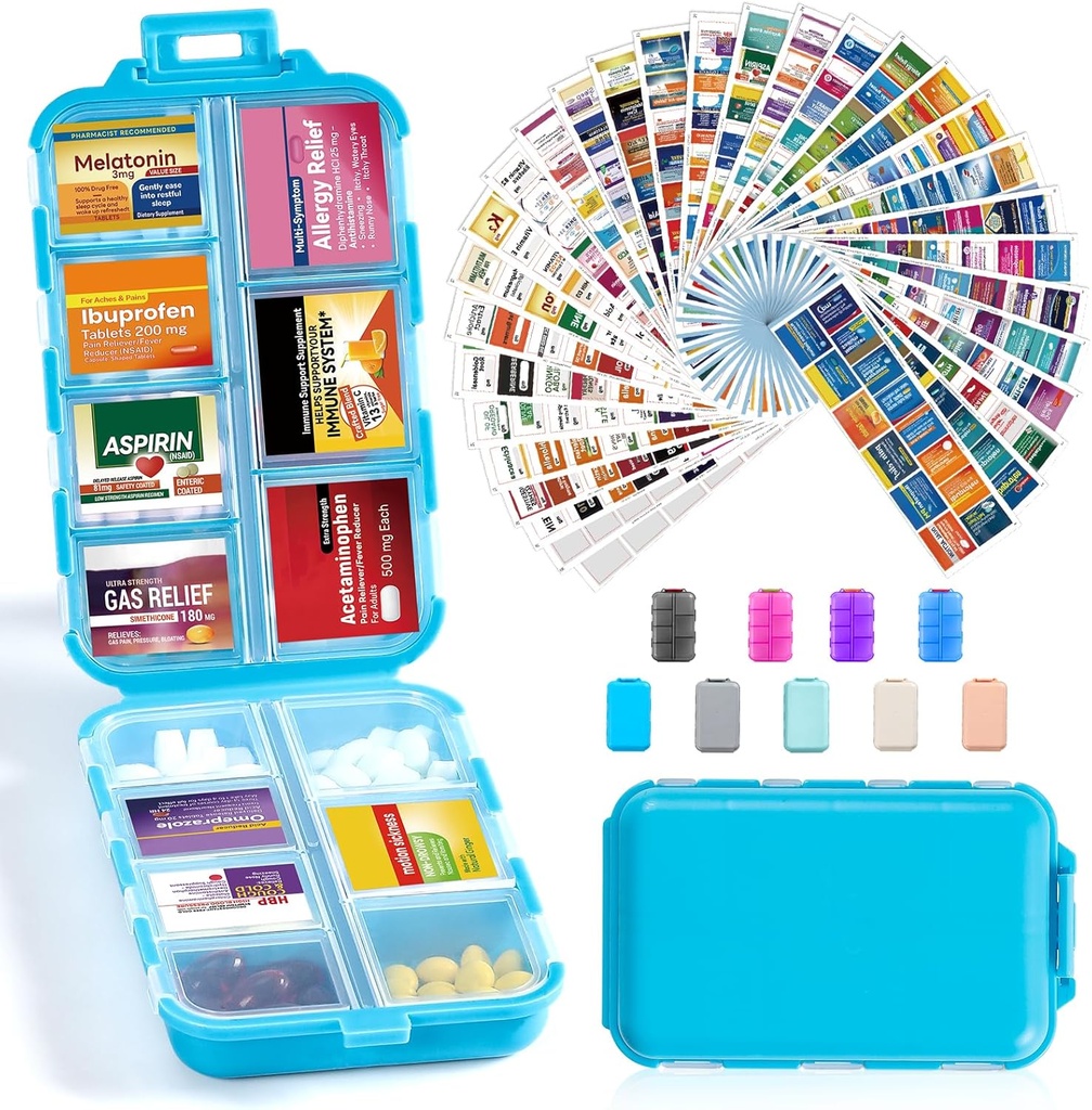 14 Grids Travel Pill Korraldaja Karp 415-Pcs Ravimi nimetus Sildid - Tasku Daily Pharmacy Case Container Kit - Reisiravimite hoidja Fish Oil Vitamin Supplement Hoidla - Sinine