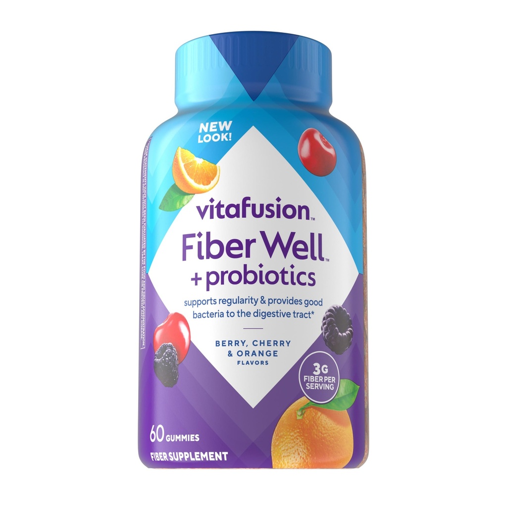 Vitafusion Fiber Well + probiootikumid Kummid täiskasvanutele - 3 g kiudainet ühe serveerimise kohta seedetrakti tervisele ja probiootikumidele *, 60 loend