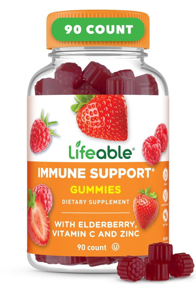 Elujõuline immuunsüsteemi tugikummid täiskasvanutele | Elderberry C-vitamiin ja tsink | Hea maitse Elderberry Immune Support Gummies | Immunity Gummies täiskasvanutele, meestele, naistele | 90 Gummies