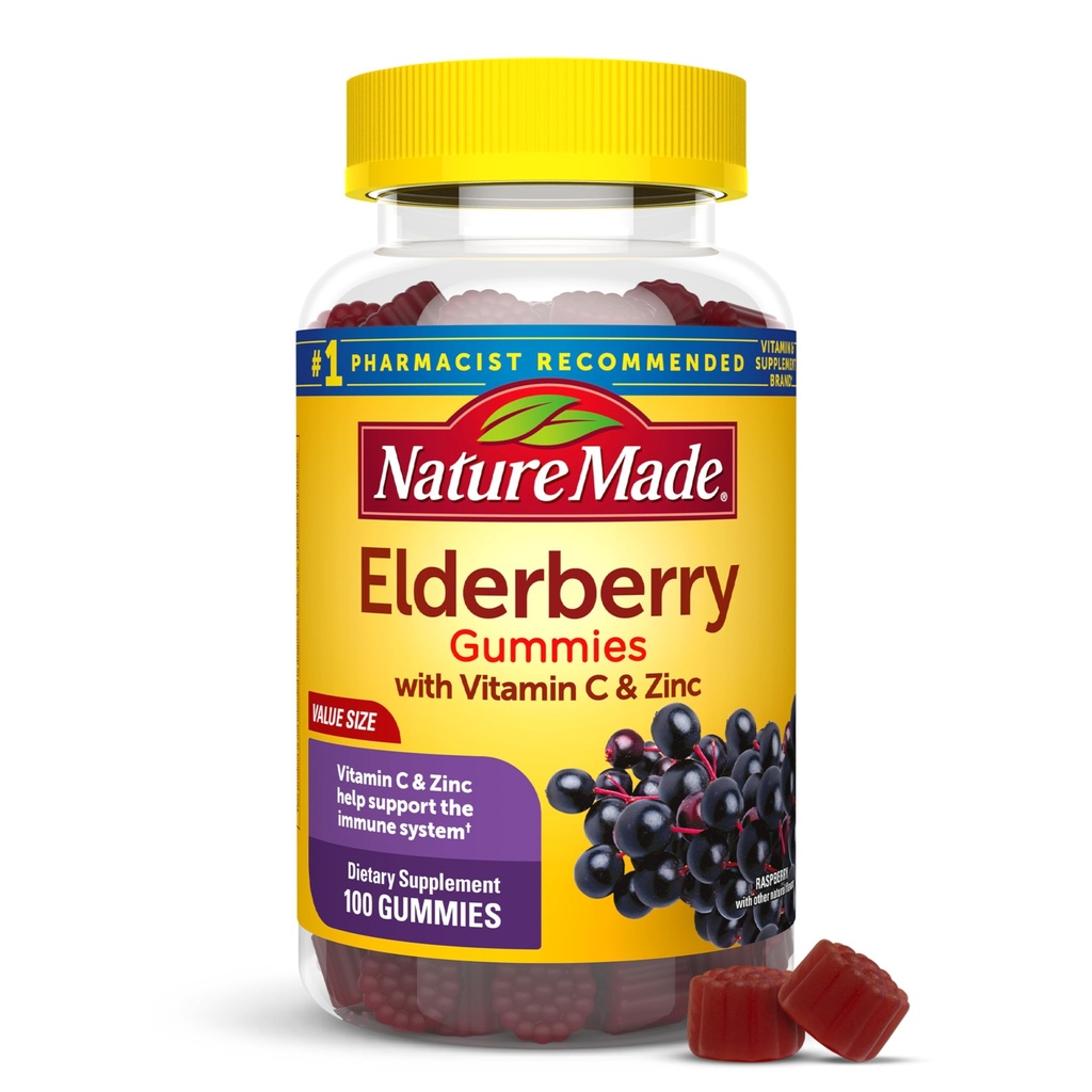 Loodus tegi Elderberry C-vitamiini ja tsinkiga, toidulisand immuunsüsteemi toetamiseks, 100 kummi, 50 päeva pakkumine