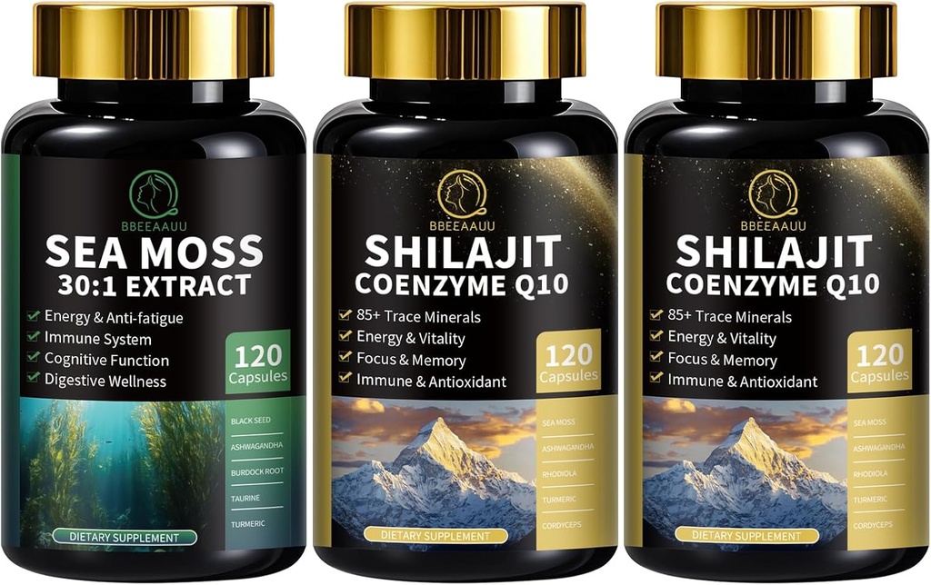 Sea Moss ja Shilajit kapslid meestele ja naistele, kõik 1 täiendused koos Shilajit, Sea Moss, koensüüm Q10, Black Seed, Ashwagandha, Burdock energia, antioksüdant ja immuuntoetus