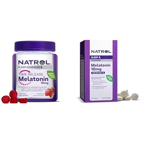Bundle of Natrol aeg vabastame melatoniini 10 mg 100 tabletti, toidulisand rahutu une, ja Natrol aeg vabastada melatoning 3mg Gummies, 35 maasikamaitseline melatoniini Gummies, 35 päeva pakkumine