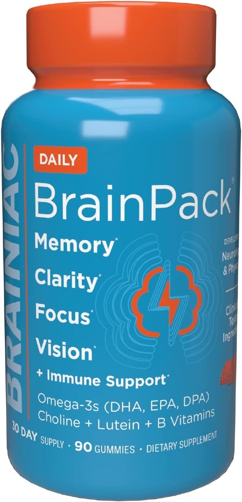 Brainiac Daily BrainPack Gummies, toetab aju tervist Omega 3 DHA EPA DPA, koliin, B6 & B12 ja Lutein silma tervise jaoks koos immuunsuse toetusega, Citrus Berry Flavor, 90 ct