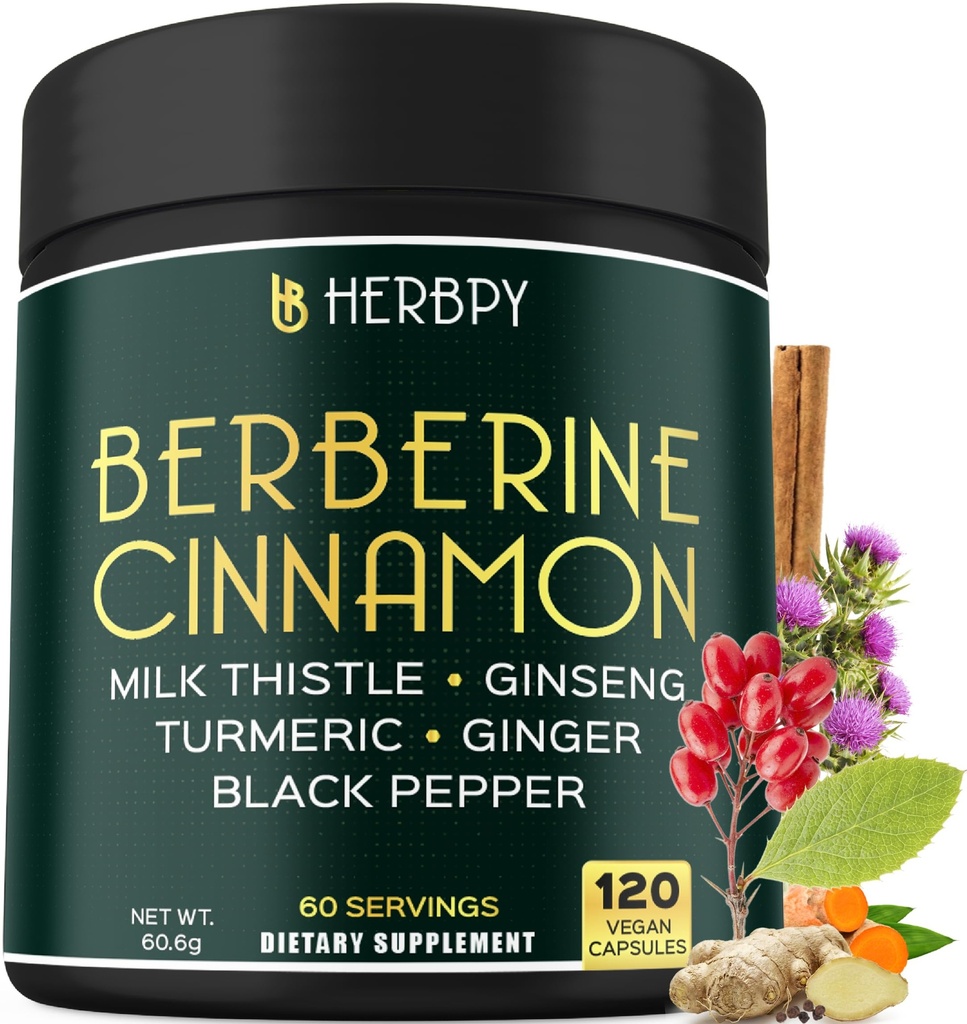 7in1 Premium Berberine ja Ceyloni kaneel kehakaalu juhtimiseks, seedimiseks, südame terviseks ja immuunsuse toetamiseks - ženšenni, kurkumi, ingveri, piimaohaka ja musta pipariga - 120 vegankapslit