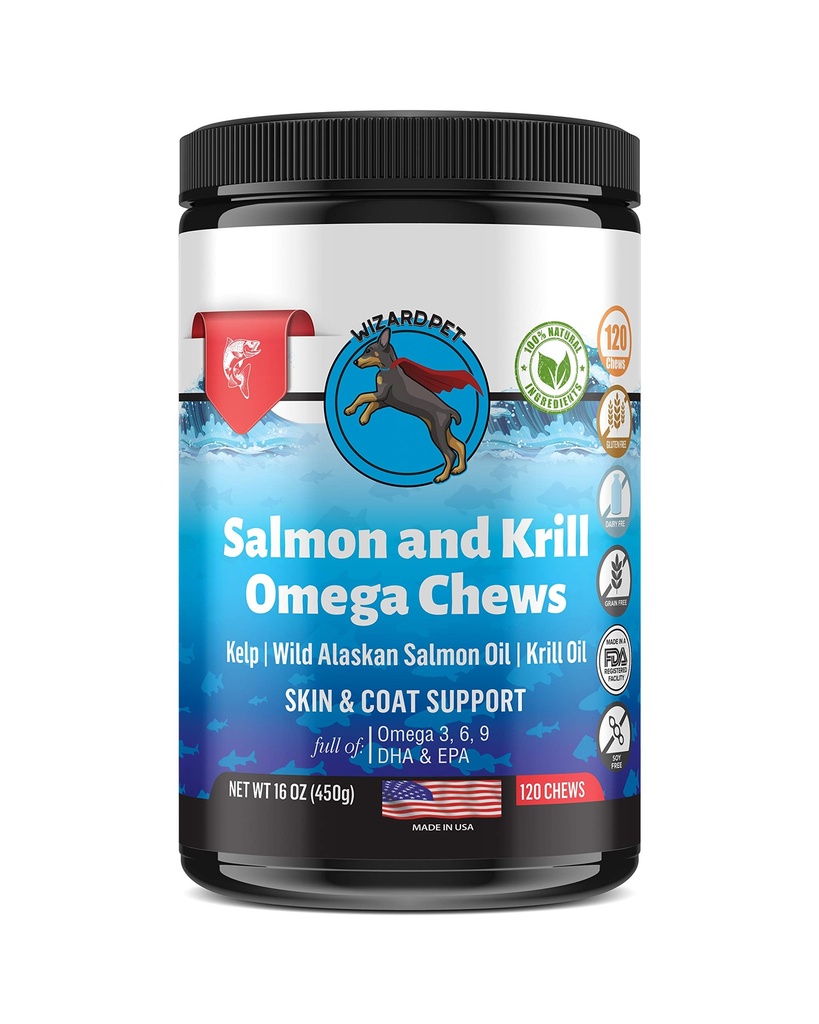 Wild Alaskan Salmon Krill Oil Chews for Dogs - 120 Soft Treats - Omega 3 6 9 Fish Supplement EPA, DHA for Itch-Free Skin Coat Joints - Allergy Relief - Vähendada juuste väljalangemist - Valmistatud USA-s