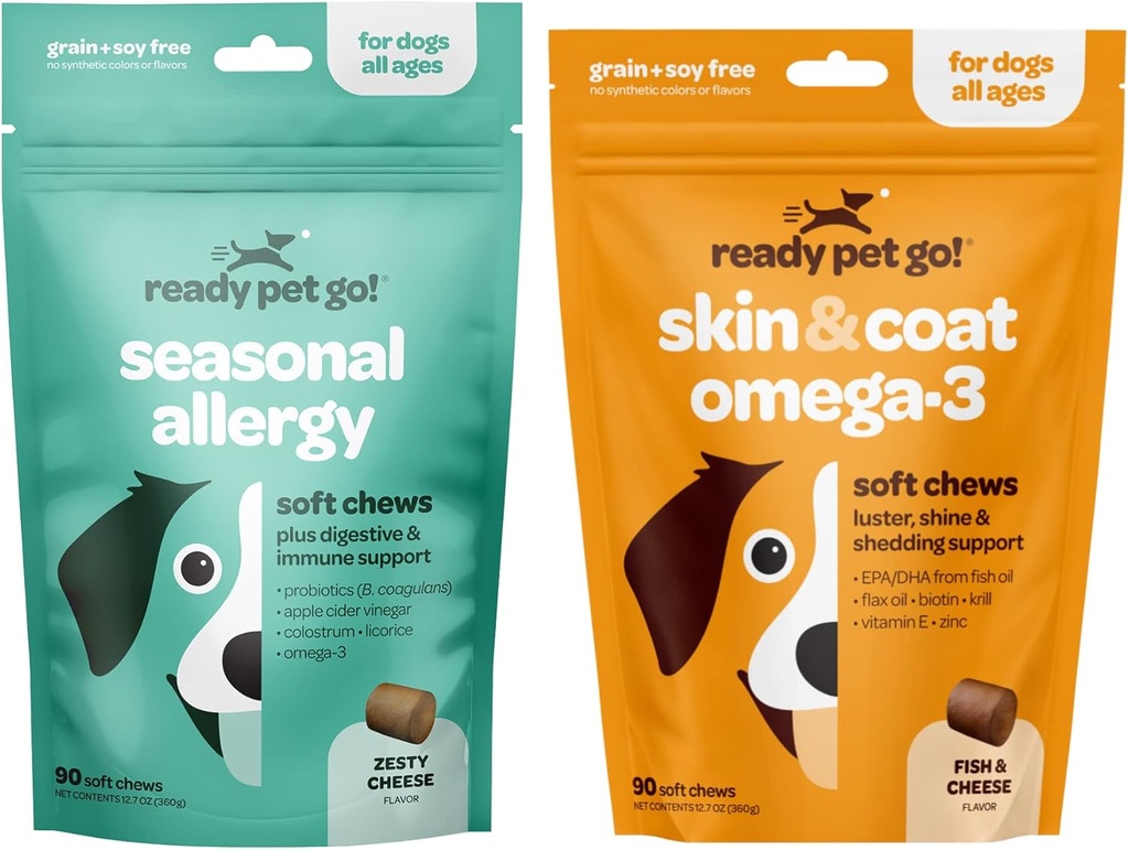 Valmis lemmikloom Go! Omega 3 ja allergia närib koertele | Probiootikumid ja allergia Immuunlisandid sügelemiseks ja allergia leevendamiseks | Kalaõli koerte heitmiseks, nahaallergia, sügelemine | 90 närimist iga