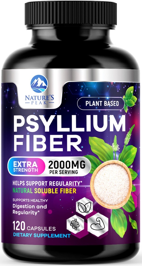 Psyllium Husk Fiber Supplement 1500mg - Vegan Prebiootikum, Lahustuv kiud igapäevaseks seedetrakti tervise ja korrapärasuse toetamiseks, looduslik Psyllium pulber korgid, suhkruvaba, mitte-GMO ja gluteenivaba - 120 kapslit