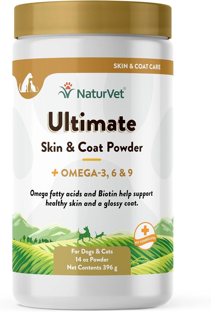 NaturVet Ultimate Skin and Coat Powder Plus Omega 3, 6 ja 9 Täiendus koertele ja kassidele, pulber, valmistatud USA-s globaalsete allikate koostisosadega 14 Ounce