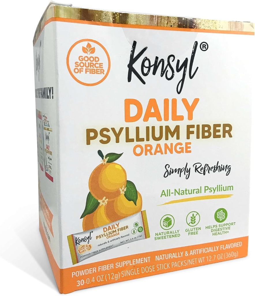 Konsyl Daily Fiber Orange 100% looduslik Psyllium Husk Pulber - looduslikult magustatud - Gluteenivaba - 30 individuaalset kleebist