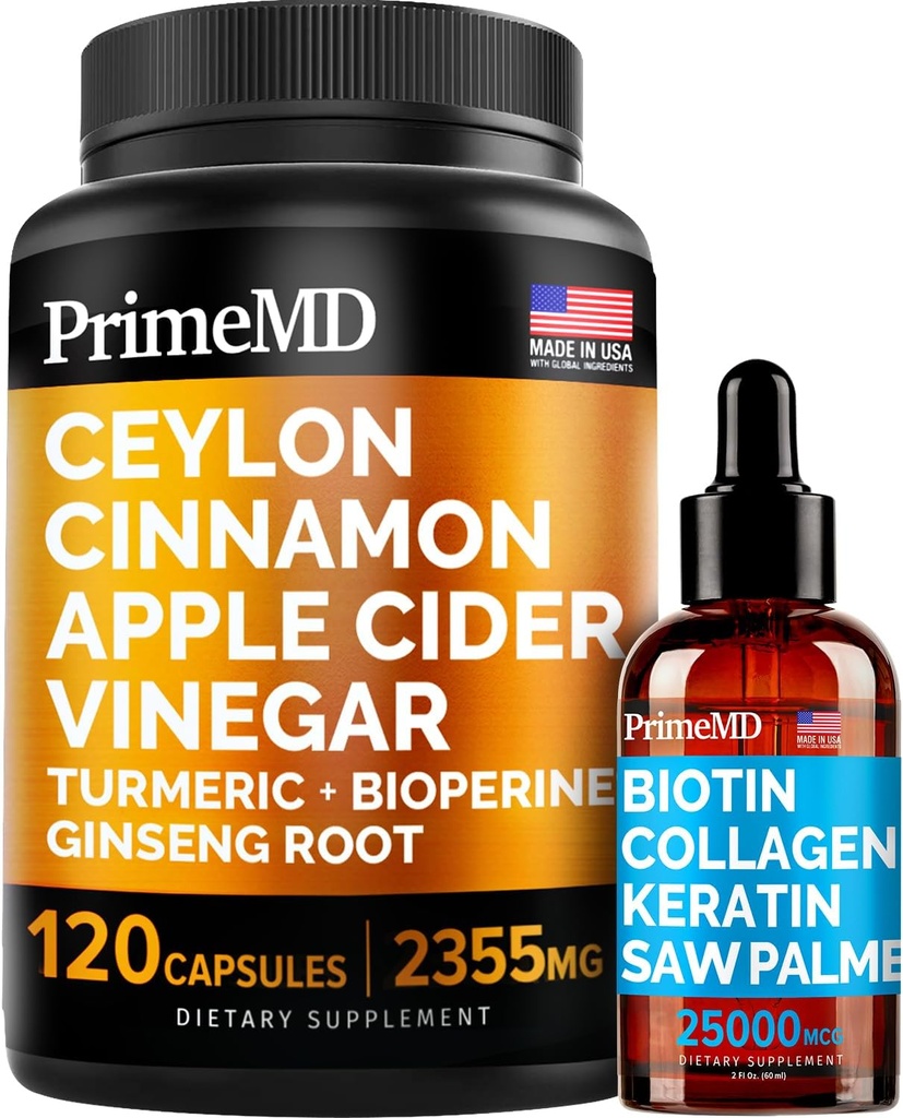 4-in-1 Vedel Biotiin Kollageen Keratin Saw Palmetto Tilgad (2 fl oz - 1 Pack) & 5-in-1 Ceylon Cinnamon w Turmeric & ženšenni juur (120ct) Komplekt - juuksed, nahk, küüned ja immuunsuse tugi
