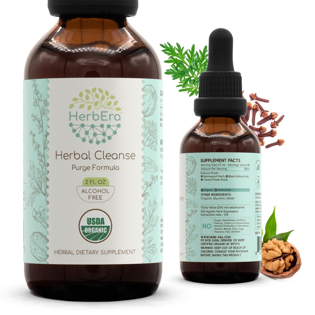 HerbEra Taimne Puhasta Orgaaniline Alkoholivaba Tinktuur | Detox and Cleanse Formula, Extract Supplement | Organic Wormwood Herb, Black Walnut Hull, Cloves Flower Buds | Purge Extract (2 fl oz)