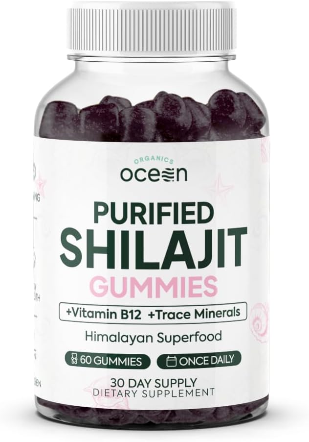 Orgaaniline ookean Shilajit meestele ja naistele - looduslik toidulisand vitamiiniga B12, kroomi ja seleeniga vananemise, energia, hormoonide toetamise ja muu jaoks - 60 Shilajit Gummies