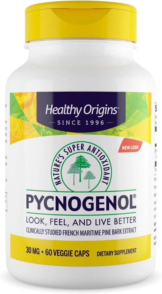 Tervislik päritolu Pycnogenol 30 mg (looduslik super antioksüdant, mitte-GMO, Gluteenivaba, südame-veresoonkonna tugi), 60 Veggie kapslid