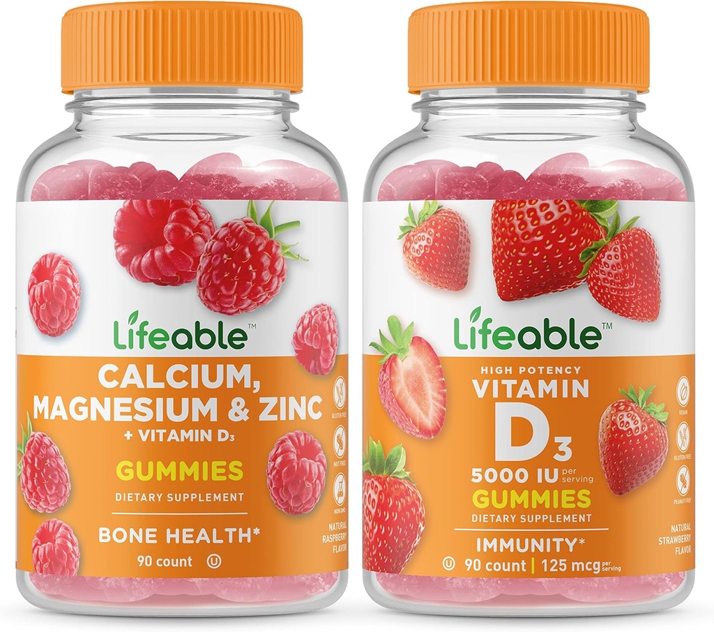 Elujõuline kaltsium, magneesium, tsink ja D-vitamiin + D-vitamiin 5000 RÜ, Gummies Bundle - suurepärane maitse, vitamiinilisand, Gluteenivaba, GMO-vaba, närimiskõlblik