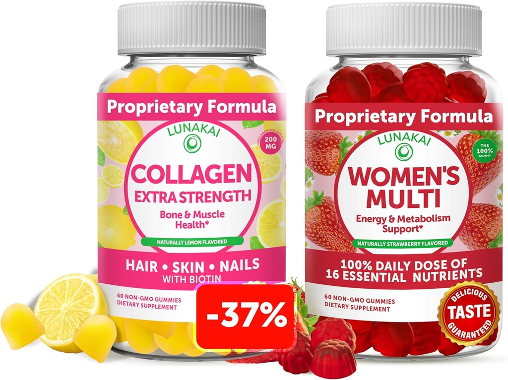 Lunakai Collagen and Women's Multivitamin Gummies Bundle - Non-GMO Anti Aging Supplements with Biotin, Zinc, Vitamin C and E - 100% Daily Value of 16 Essential Vitamins and Minerals - 30 Days Supply