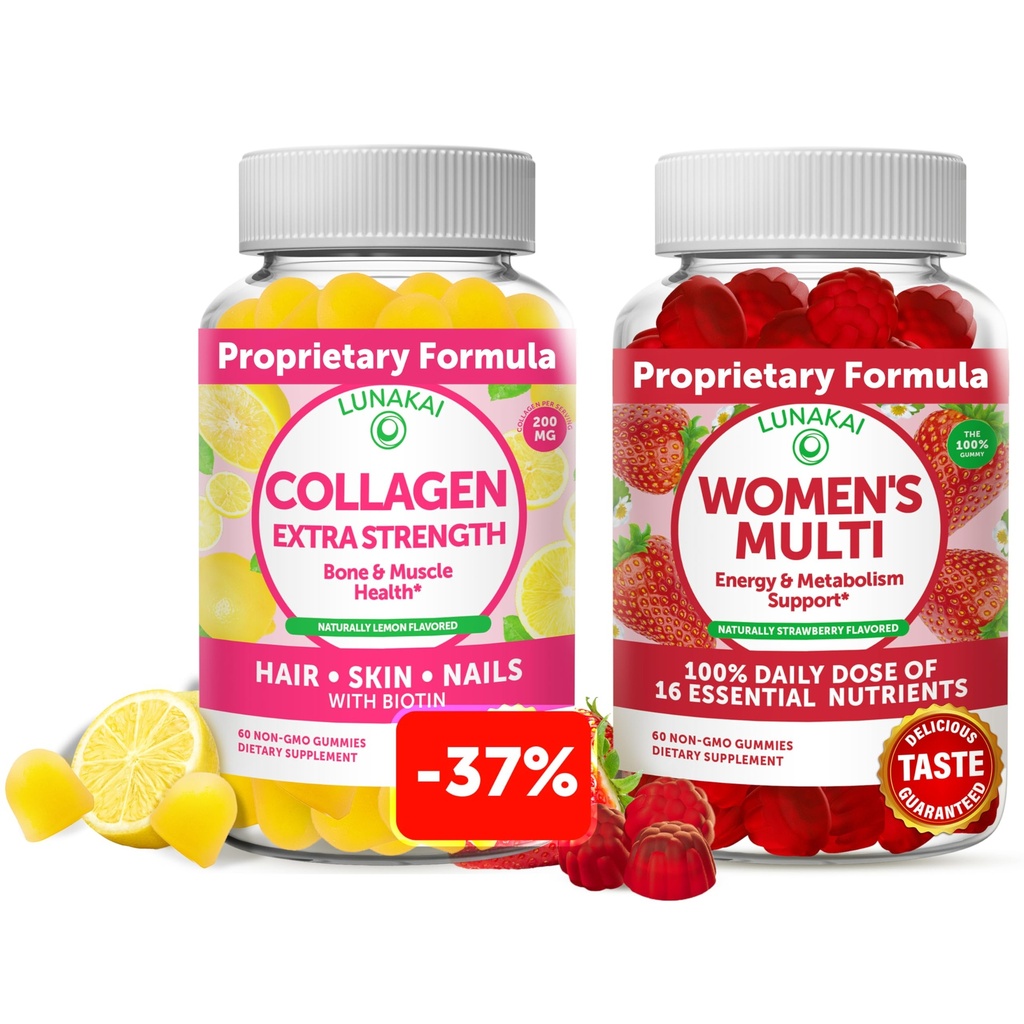 Lunakai kollageen ja naiste multivitamiinid Gummies Bundle - mitte-GMO vananemisvastased toidulisandid biotiini, tsingi, C-vitamiini ja E-ga - 16 olulise vitamiini ja mineraalide 100% päevane väärtus - 30 päeva pakkumine