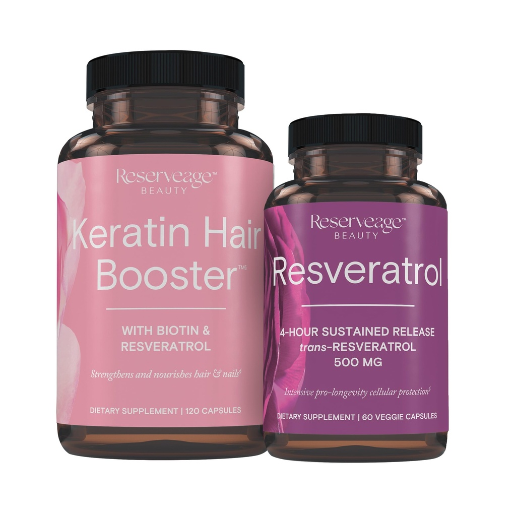 Reserveage Nutrition Keratin Hair Booster koos Biotin & Resveratrol, juuksed ja küüned kasvu täiendada, 120 kapslit (60 portsjonit) ja Resveratrol 500 mg, toetab tervisliku vananemise ja immuunsüsteemi