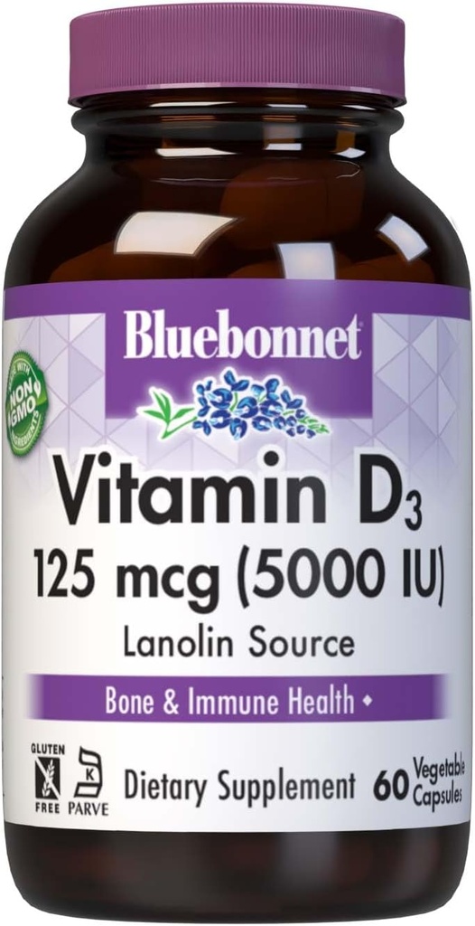 Bluebonnet Nutrition Vitamiin D3 5000 RÜ Taimne Kapsel, Aids lihaste ja skeleti kasvu, kolekaltsiferool Lanolin, D3, Non GMO, Gluteenivaba, Sojavaba, Piimavaba, Kosher, 60 Count