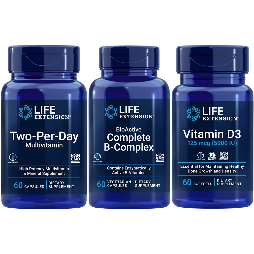 Elu pikendamine Kahepäevane multivitamiin, 60 kapslit | Bioaktiivne täielik B-kompleks, 60 kapslit | D3-vitamiin 125 mcg (5000 RÜ), 60 pehmegeeli | Luu ja immuunsüsteemi tervis, energia ja ainevahetuse toetus