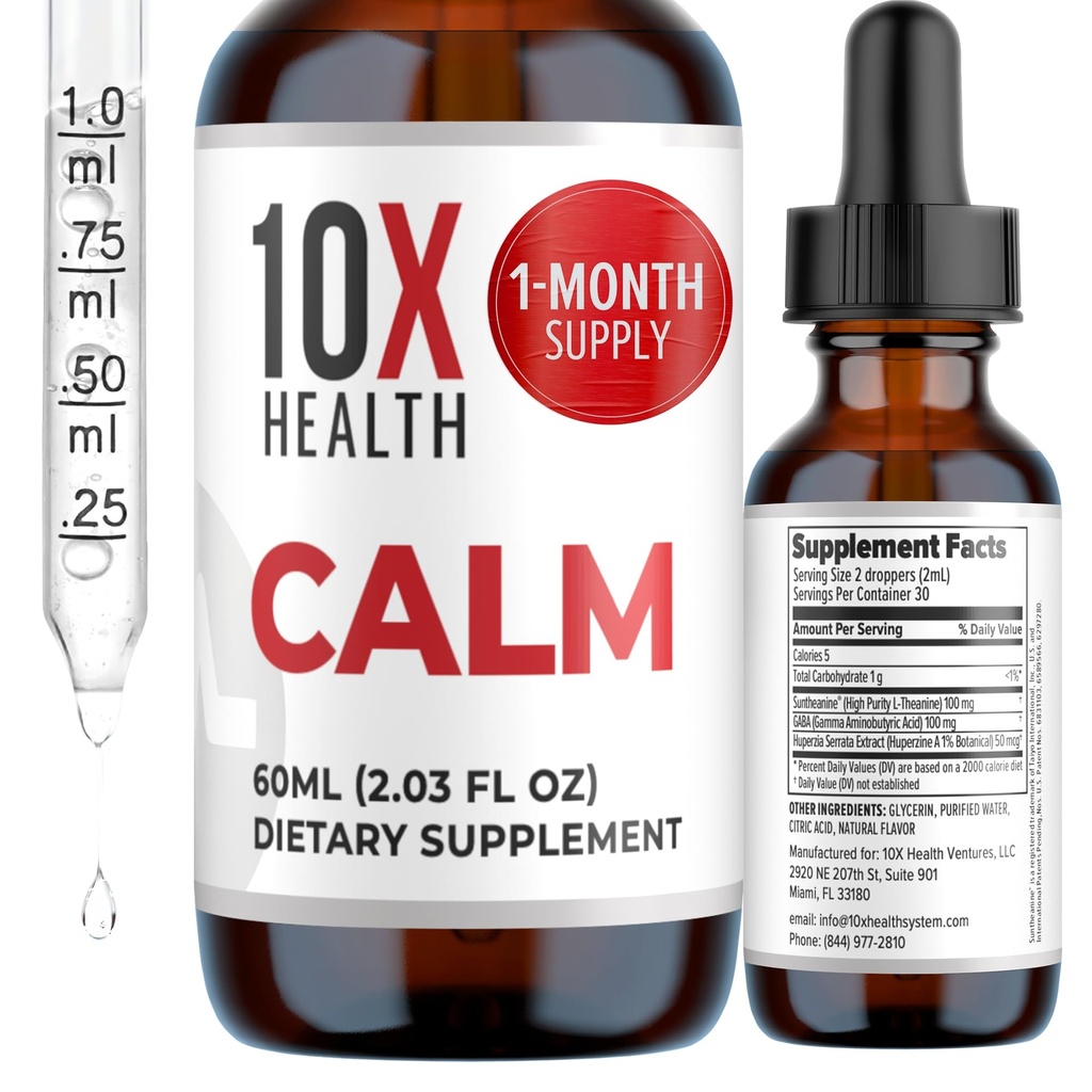 10X Health Calm L Theanine Supplement Vedel tilgad - 100mg L'Theanine tilgad ja 100mg GABA toidulisandeid, et toetada närve, rahulikkus ja stress - looduslik maitse 2.03 Fl oz.