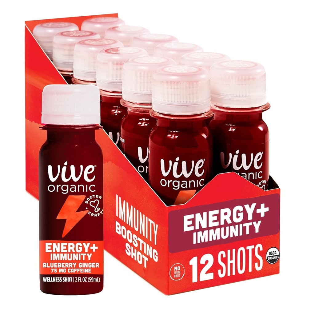 Vive Organic Energy Shot + Immune Support, Immune Defense with Ashwagandha, Green Tea & Caffeine, Gluteenivaba, Vegan, Energy and Focus, 2 Fl Oz (Pack of 12)