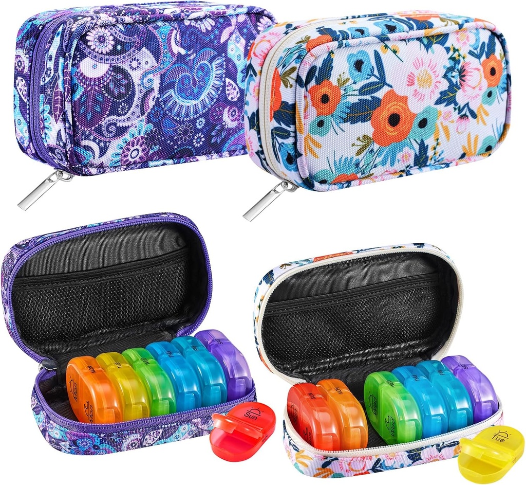 Serfeymi Weekly Travel Pill Korraldaja 2 korda päevas PM Vikerkaar Pill Box 7 päeva Zipper Canvas Pill Case, Meditsiini Korraldaja Pillid, Vitamiinid, Kalaõlid - Purple 01+ Bloom 01