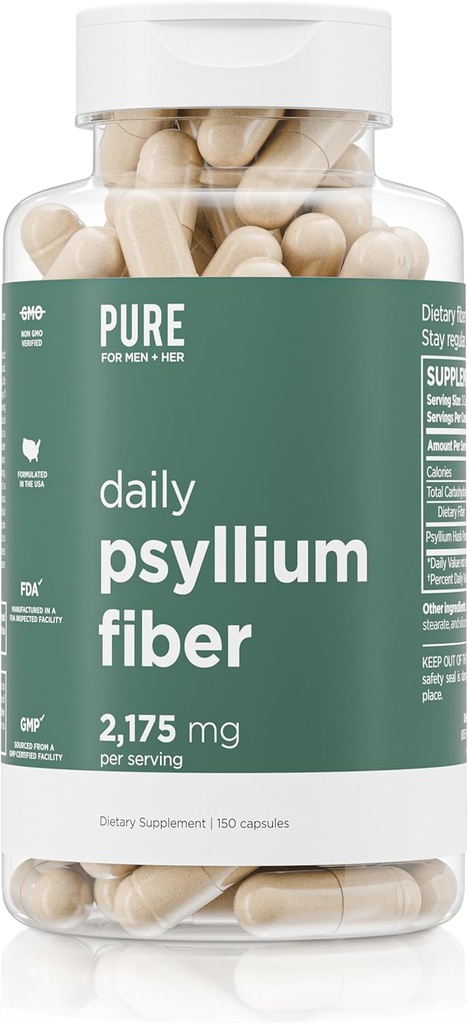 Igapäevane Psyllium Husk Fiber toidulisand puhtalt meestele ja puhas tema | Seedetrakti korrapärasus ja soolestiku tervise tugi | Lahustuv kiudaine pulber, 2175mg Serving | 150 kapslit