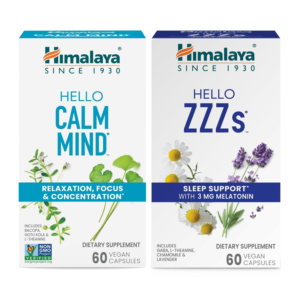 Himalaya Hello Calm Mind koos Bacopaga lõõgastumiseks, keskendumiseks ja keskendumiseks & Hello ZZZs koos melatoniiniga une toetamiseks, 60 kapslit iga - komplekt