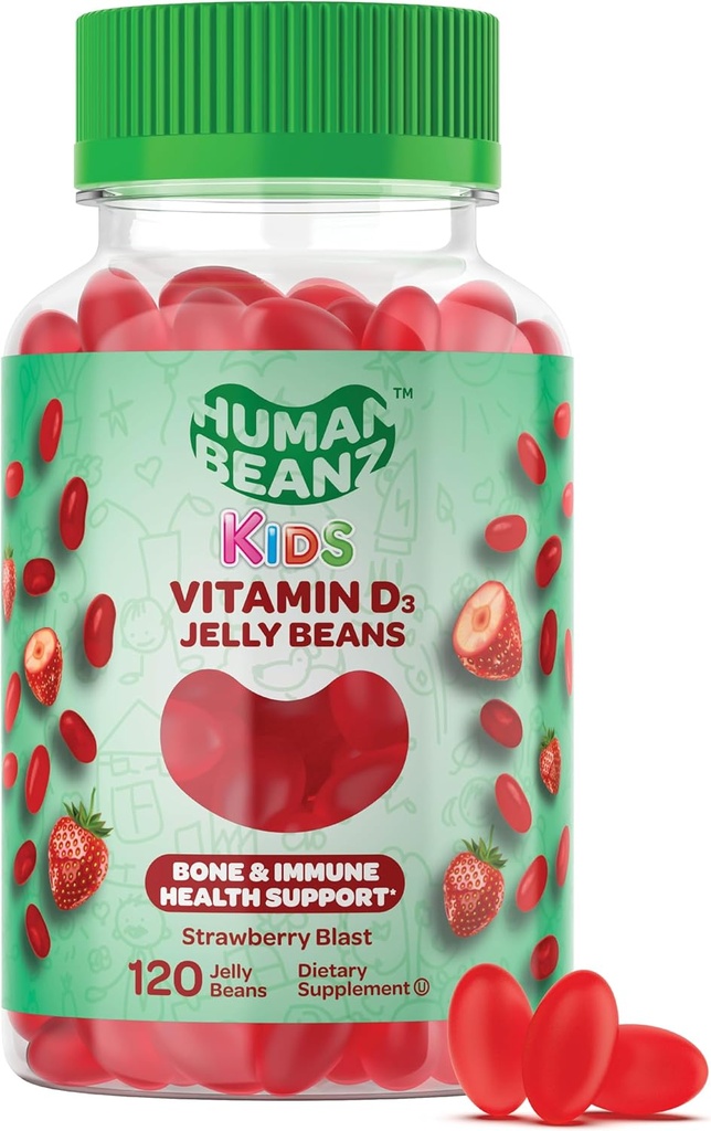 Vitamiin D3 Jelly Bean Gummis lastele, 25mcg / 1000 RÜ D-vitamiin, taimsed toidulisandid, 120 maasika Blast Jelly Beans, Kosher