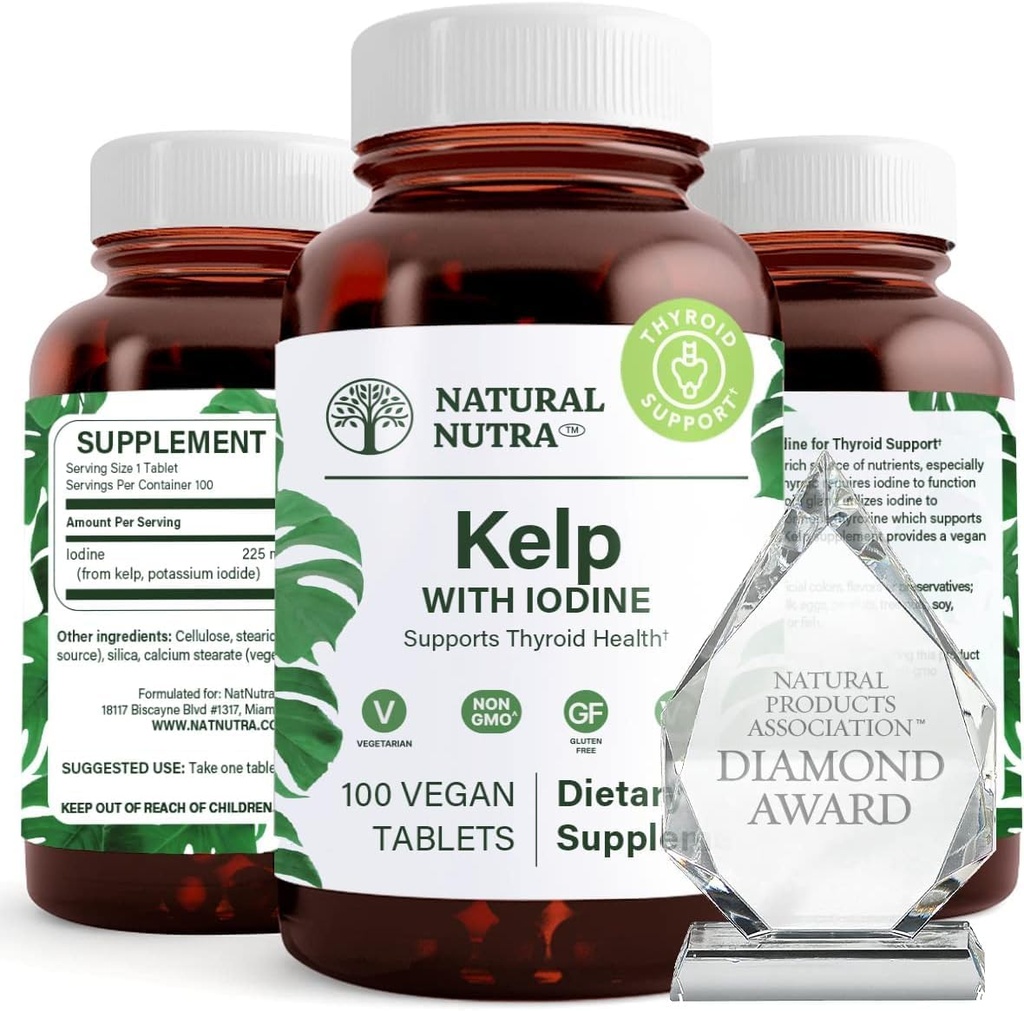 Natural Nutra Kelp joodi kilpnäärme tugi täiendada, tugevdab immuunsüsteemi ja reguleerib ainevahetust, Vegan Sea Kelp, Non GMO, Atlantic Sourced Seaweed Extract, 225 mcg, 100 tabletti