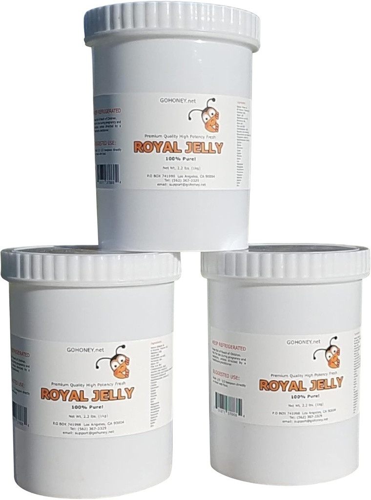 Royal Jelly Organic - filtreerimata toores Royal Jelly Energy Supplement meestele ja naistele - Immune Support Supplement koos retinool, vitamiin B, biotiin, niatsiin, - 3x2,2 Lbs, plastikpurk