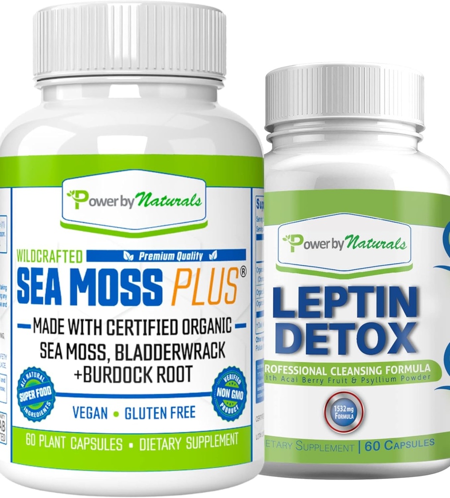 Power by Naturals: Organic Sea Moss ja Leptin Detox Bundle - 60 Vegan Kapslid iga - Taim-põhine, Gluteenivaba toidulisand immuunsuse suurendamiseks ja looduslikuks puhastamiseks
