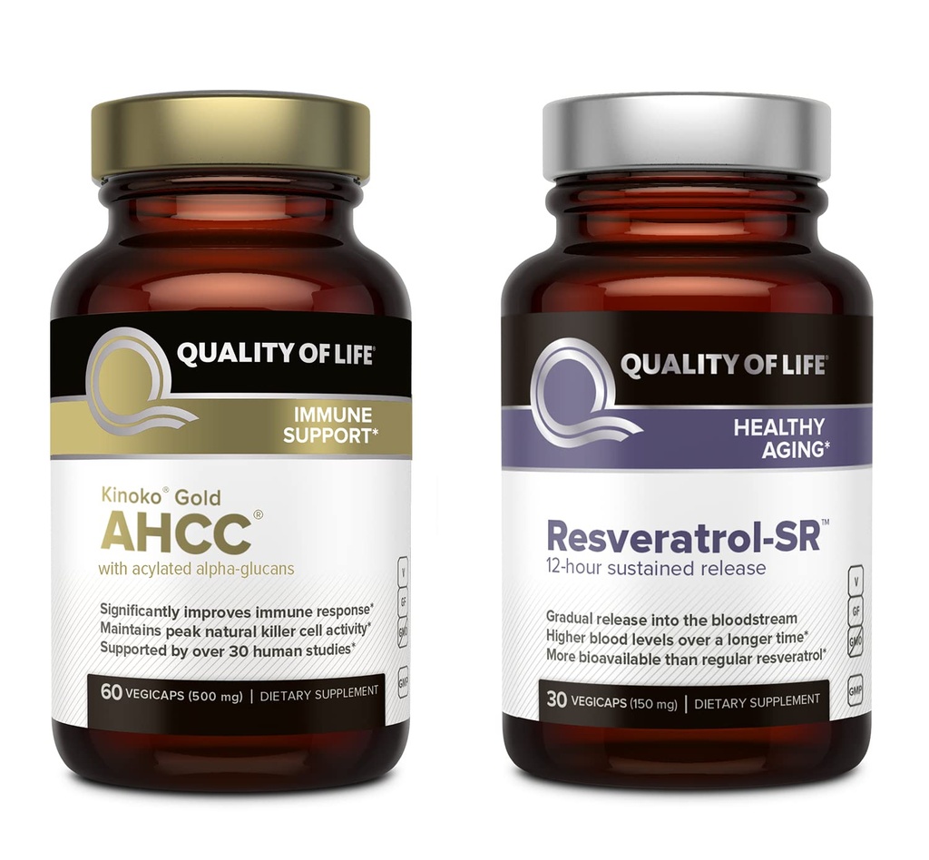 Elukvaliteedi omadused Kinoko Gold AHCC ja Resveratrol SR Jätkuvalt vabastatav valem - Immuun, tervislik vananemiskomplekt