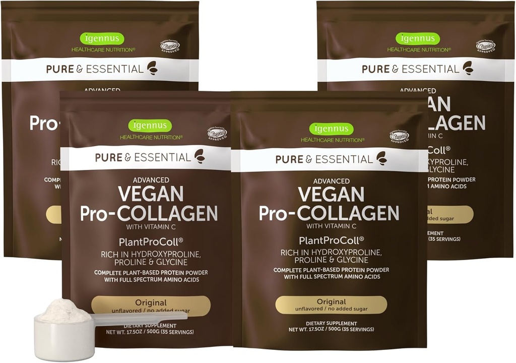 Igennus Vegan Collagen Peptide pulber, täiustatud glütsiini, proliini ja hüdroksüproliini ja kofaktoriga C-vitamiin, mitte GMO, täielik taimepõhine kollageeni pulbriline võimendaja, 4 x 35 serveerimist
